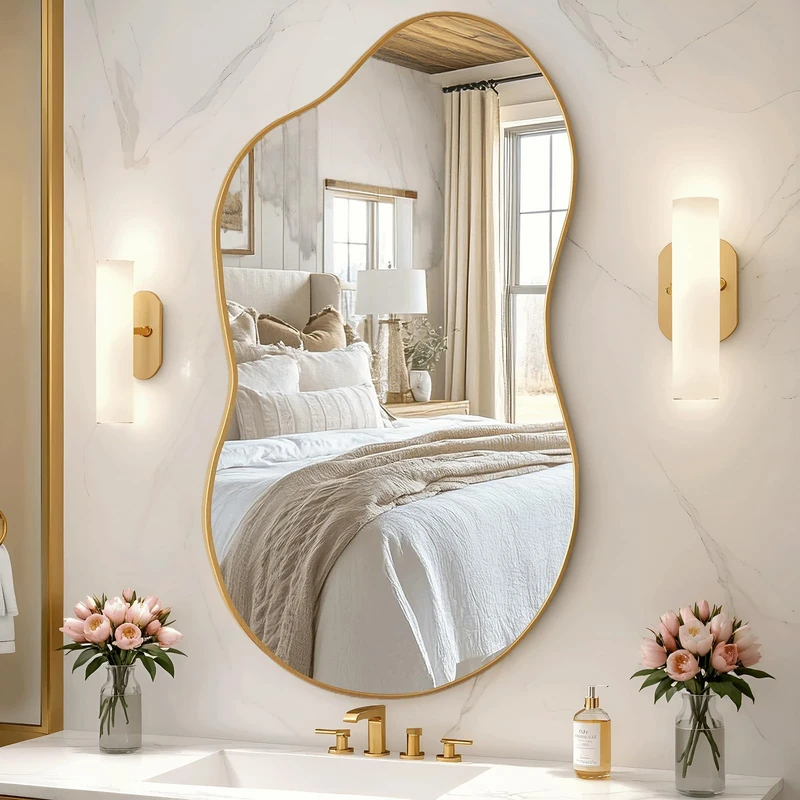 Clevich Wall Mirror, 66x116cm Cloud Wavy Hanging Mirror, Irregular Asymmetrical Bathroom Mirror with 3mm HD Tempered Glass and Aluminum Alloy Frame for Living Room/Bedroom/Entryway/Hallway (Gold)