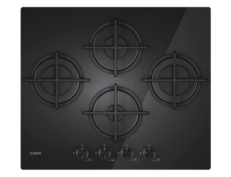 Candy CSG6DTB, Glass gas hob, 4 burners, 60 cm, Stainless steel independent controls, Cast iron grilles, Natural gas adaptable to butane, Safety valve, 8150W, Black
