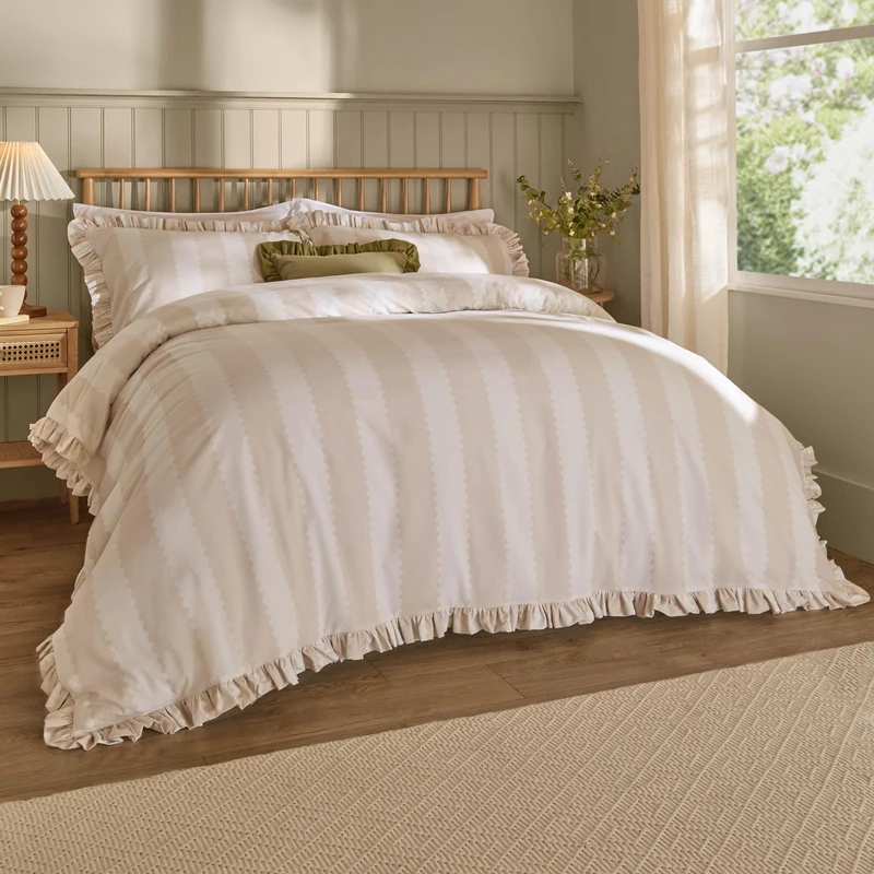 Wylder Birdie Stripe Duvet Cover Set – Reversible Ruffled Cotton Rich Striped Bedding (Oat/Milk - Super King)