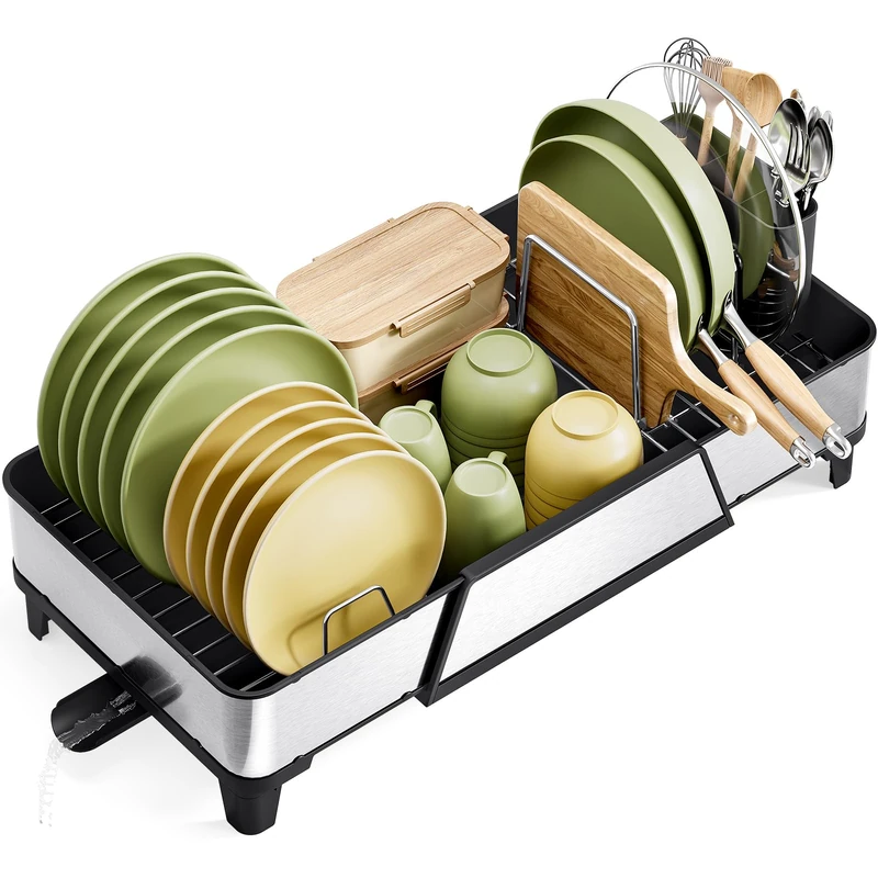 Spacious Dish Drying Rack - Triple Expandable Dish Rack for Kitchen Counter, Stainless Steel Sink Arrangement and Storage Essentials with Utensil & Pans Holder for Home and Apartment, Black