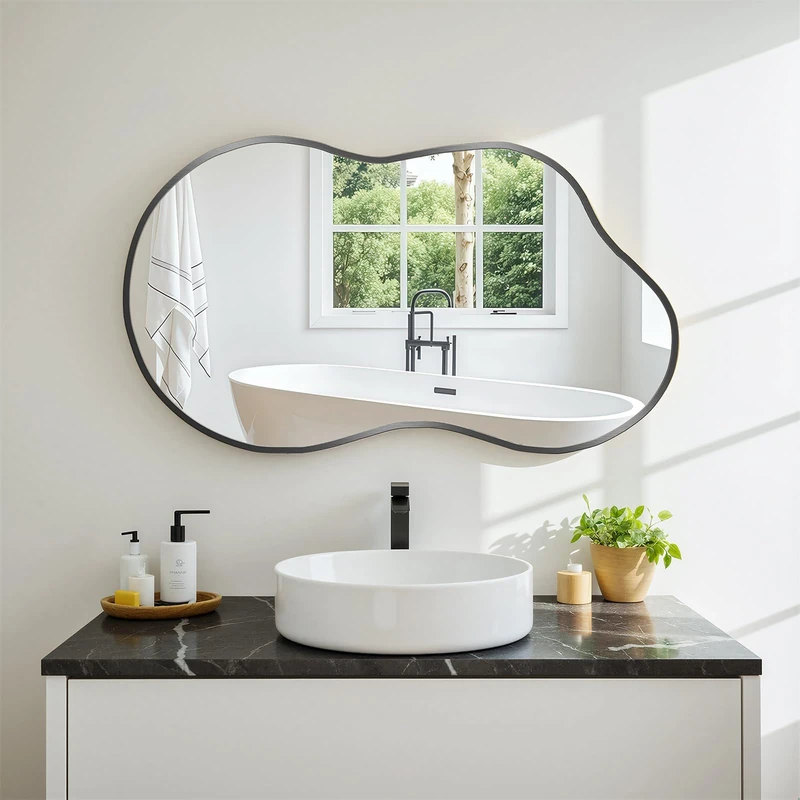 Clevich Wall Mirror, 50X91cm Cloud Wavy Hanging Mirror, Irregular Asymmetrical Bathroom Mirror with 3mm HD Tempered Glass and Aluminum Alloy Frame for Living Room/Bedroom/Entryway/Hallway (Black)