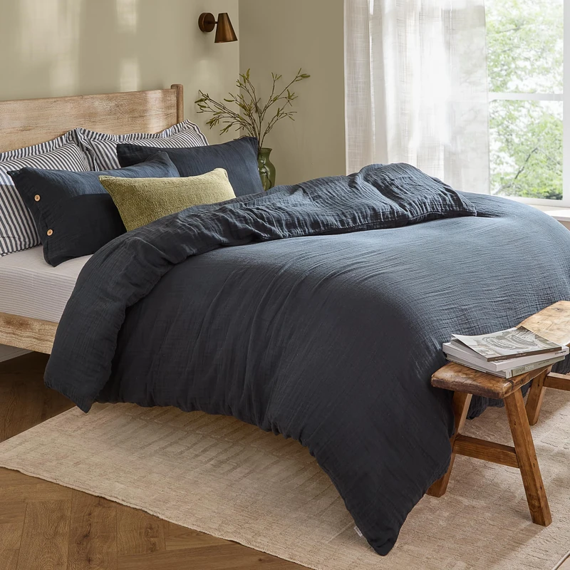Yard furn Lark Cotton Muslin Duvet Cover Set - Soft Crinkle Texture Bedding (Navy - Super King)