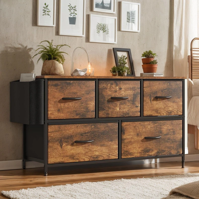 Feonase 5 Drawer Storage Cabinet with Side Pocket – Wide Dresser Chest for Bedroom with Fabric Drawer, Lightweight Storage Unit with Metal Frame & Wood Top for Hallway, Nursery & Closet(Rustic Brown)