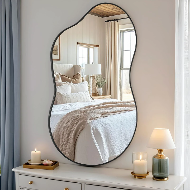 Clevich Wall Mirror, 66x116cm Cloud Wavy Hanging Mirror, Irregular Asymmetrical Bathroom Mirror with 3mm HD Tempered Glass and Aluminum Alloy Frame for Living Room/Bedroom/Entryway/Hallway (Black)