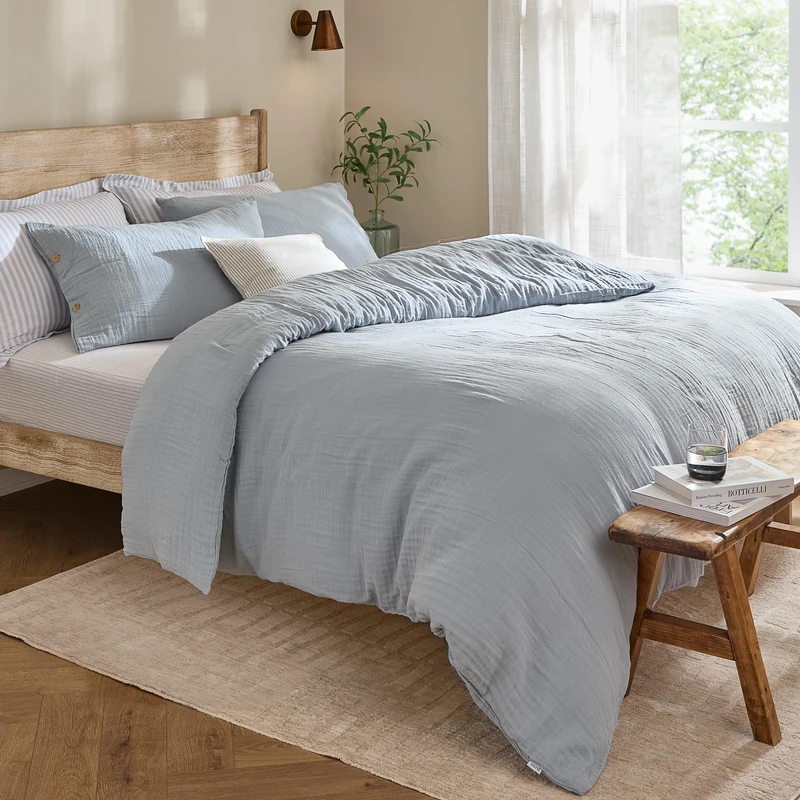 Yard furn Lark Cotton Muslin Duvet Cover Set - Soft Crinkle Texture Bedding (Mineral Blue - King)