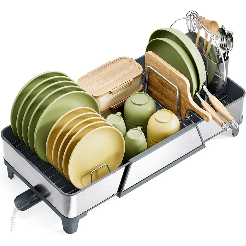Spacious Dish Drying Rack - Triple Expandable Dish Rack for Kitchen Counter, Stainless Steel Sink Arrangement and Storage Essentials with Utensil & Pans Holder for Home and Apartment, Grey