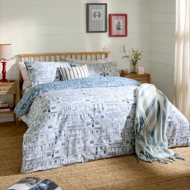 Wylder Abersoch Town Duvet Cover Set – Reversible Coastal Town Combed Cotton Bedding (Sea Blue - Super King)