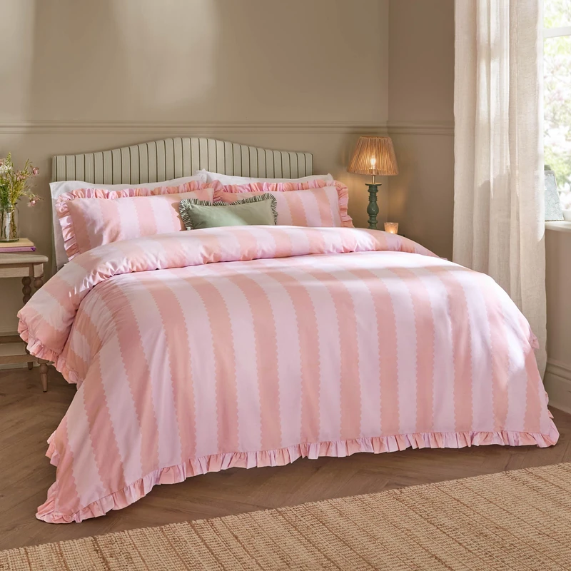 Wylder Birdie Stripe Duvet Cover Set – Reversible Ruffled Cotton Rich Striped Bedding (Pink/Raspberry - Double)