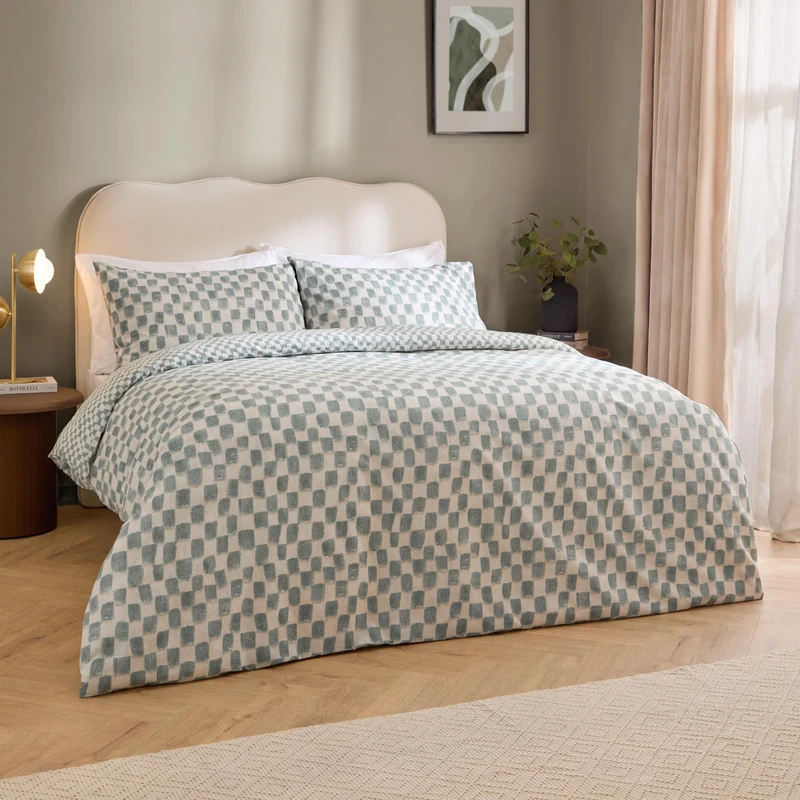 furn. Hoem Nyhavn Duvet Cover Set – Reversible Check Cotton Rich Scandi Bedding (Aqua - Super King) - Image 1