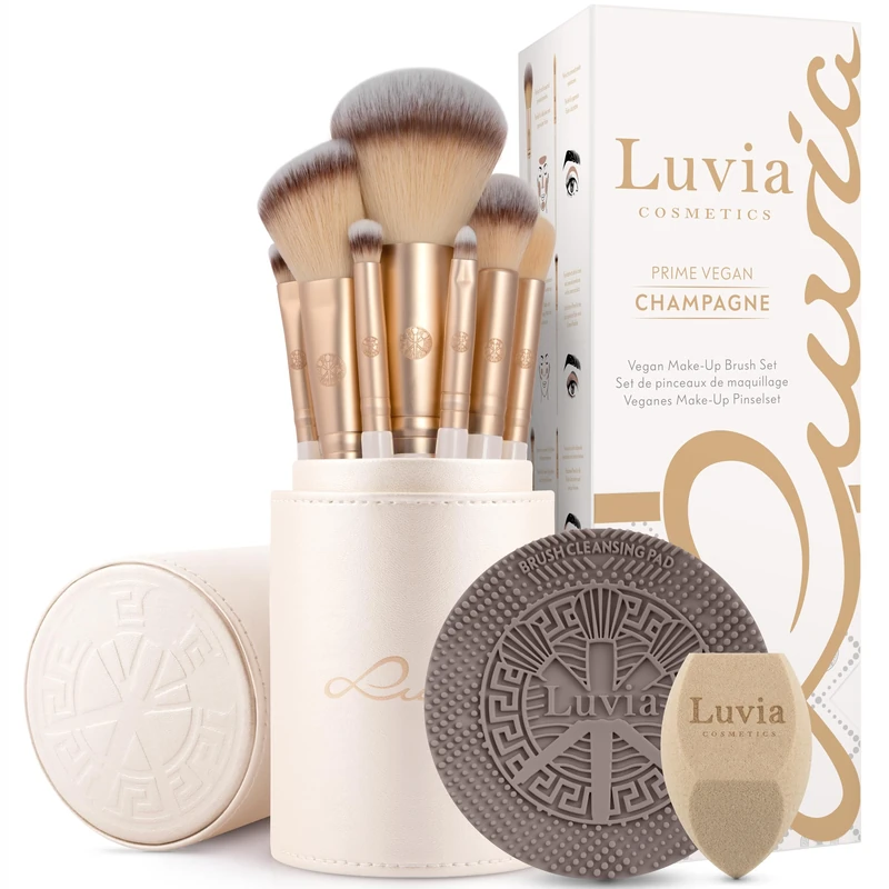 Makeup Brush Set 11 Pieces - Vegan Professional Makeup Brush with Brush Holder, Beauty Sponge & Cleaning Pad | Prime Vegan Champagne Luvia Cosmetics