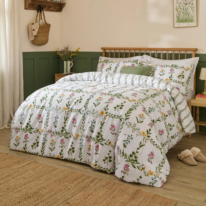 Wylder Olivia Duvet Cover Set – Reversible Floral Trellis Country Garden Cotton Bedding (Green - King)