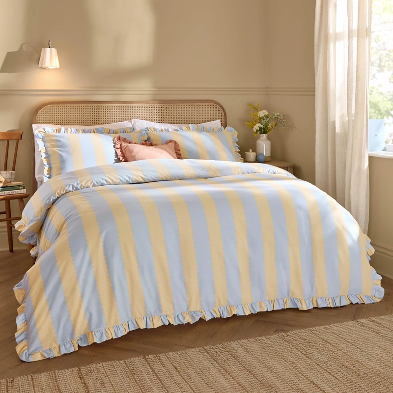 Wylder Birdie Stripe Duvet Cover Set – Reversible Ruffled Cotton Rich Striped Bedding (Lemon/Sky - King)