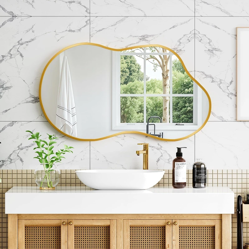 Clevich Wall Mirror, 50X91cm Cloud Wavy Hanging Mirror, Irregular Asymmetrical Bathroom Mirror with 3mm HD Tempered Glass and Aluminum Alloy Frame for Living Room/Bedroom/Entryway/Hallway (Gold)