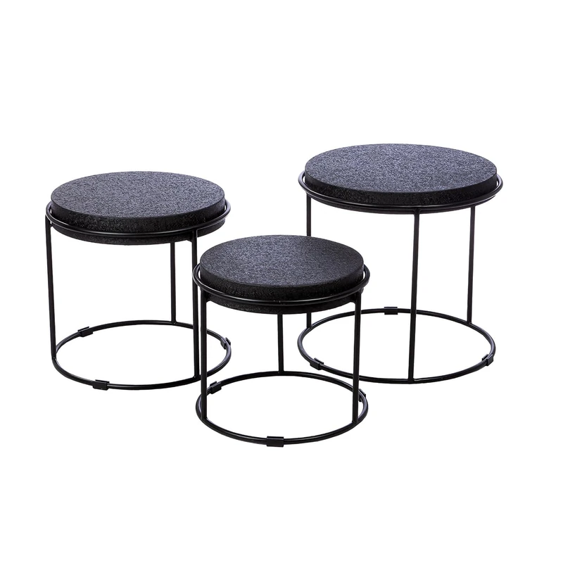 Casablanca Rotonda Side Tables, Round, Iron, Crackled Surface, Black, Height 47 cm x Diameter 48 cm, Set of 3