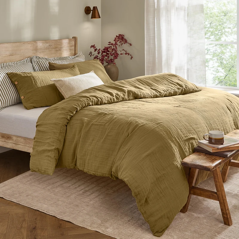 Yard furn Lark Cotton Muslin Duvet Cover Set - Soft Crinkle Texture Bedding (Olive - King)