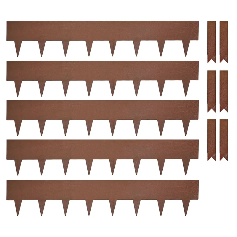 Nicoman Metal Lawn Edging Garden Border with Pegs, 1m Length, 5 Pieces with 6 Metal Joining Clips, Durable Construction for Lawns and Flower Beds (Rust, 20cm)