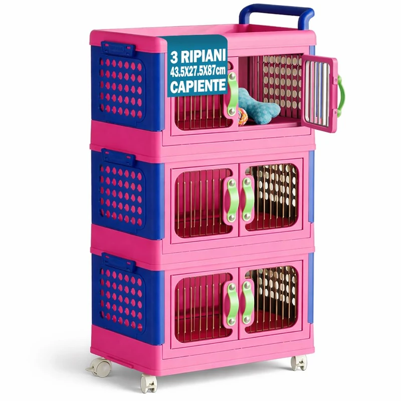 Shally Dogan Multilevel Stacking Storage Trolley Organizer with Opening Doors and Wheels, Easy Assembly and Durable Structure for Children's Bedroom (3 Levels)