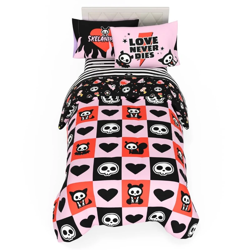 Skelanimals Bedding 5 Piece Twin Spooky Bed Set, Soft Microfiber Checkered Comforter and Sheet Set with Sham, Kit The Cat, (Officially Licensed Product) by Franco Collectibles
