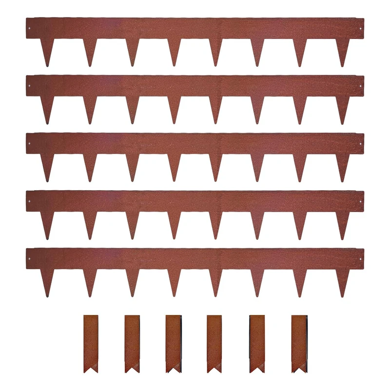 Nicoman Metal Lawn Edging Garden Border with Pegs, 1m Length, 5 Pieces with 6 Metal Joining Clips, Durable Construction for Lawns and Flower Beds (Rust, 15cm)