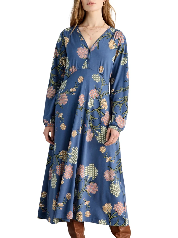 White Stuff Women's Megan Jersey Dress - Versatile Long Sleeve V-Neck for Effortless Styling - Blue MLT - Size 44R