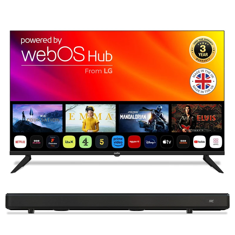 Cello 43" frameless Smart LED TV with 80W 2.1 channel Bluetooth soundbar, webOS, Netflix, Prime Video and HDMI