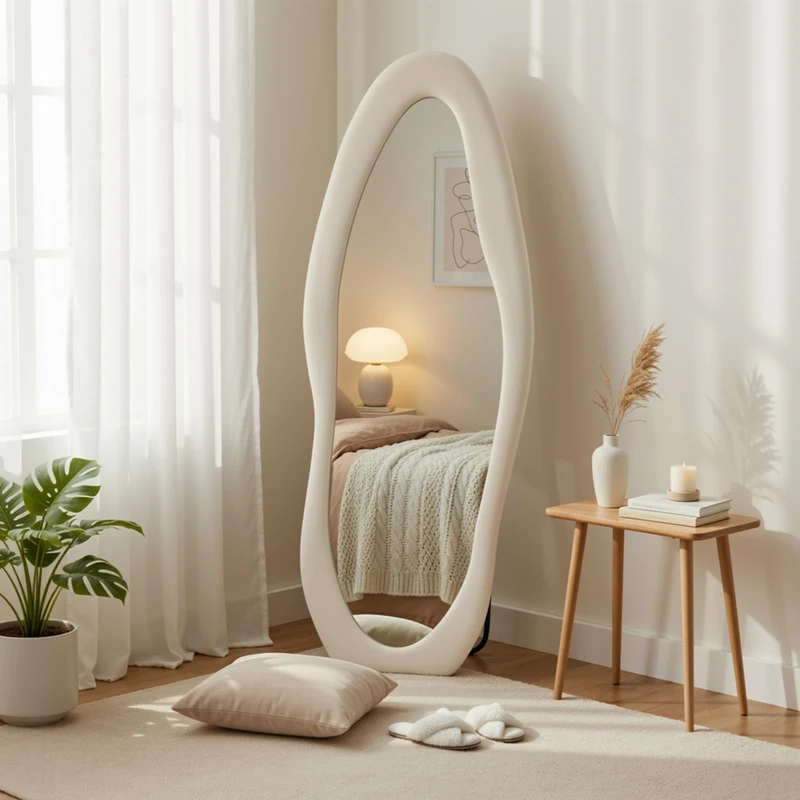 Clevich Irregular Wavy Full Length Mirror 160x60cm, Floor Standing Mirror with Stand, Wall Mounted, Ivory White Flannel Frame, HD Shatterproof Nano Glass, for Bedroom Living Room