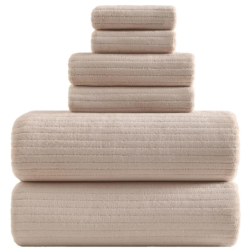 YTYC 39x78 Bath Sheets Extra Large Bath Towels Set Super Soft Absorbent Striped Microfiber Oversized Bathroom Towels Hanging Loop(Beige,6 PCS)
