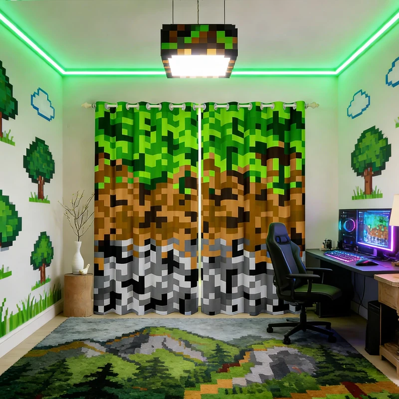 Miners Pixelated Games Window Curtain,Green Brown Grey Plaid Window Treatment Curtain,Teens Woman Men Geometric Block Bedroom Curtains Modern Video Games Living Room Decor Top 2 Panels,52Wx84L