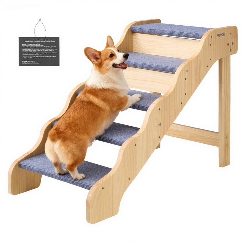 VEVOR Wood Pet Stairs, 5-Step Dog Stairs for High Beds, Sofa & Cars