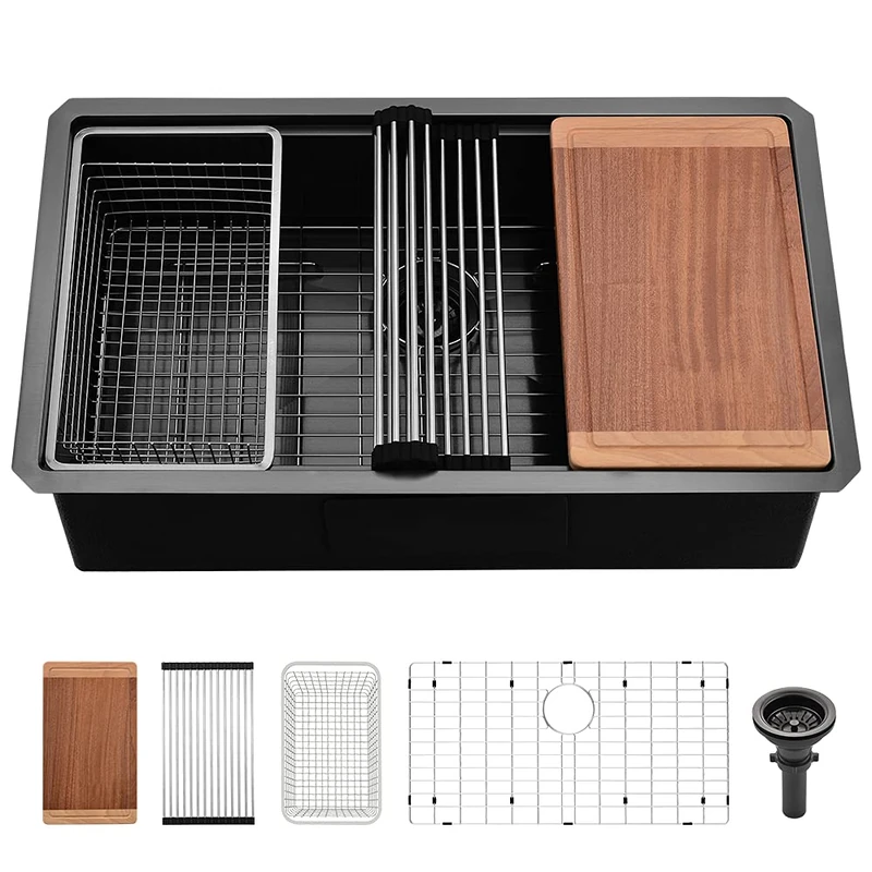 Black Kitchen Sink Undermount Workstation-VASOYO 28x19 Black Stainless Steel Kitchen Sink Undermount Workstation Sinks 16 Gauge 304 Single Bowl Deep Under Mount Sinks with Cutting Board