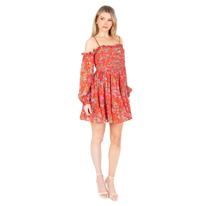 Anaya with Love Women's Mini Dress Ladies Long Sleeve Off Shoulder Bardot Ruffle Polka Dot Tiered Bottom Hemline Shirred Back A-line, Floral Print 18