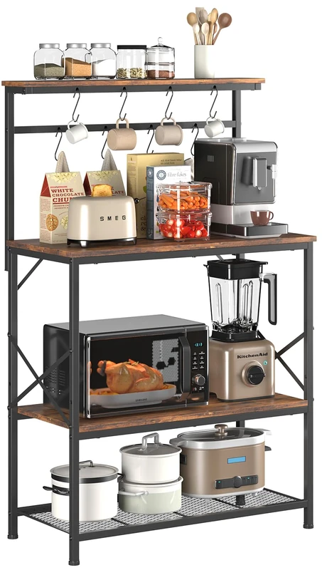 COMHOMA Shelf, Kitchen Shelf, Standing Shelf, Microwave Shelf for Kitchen, Spice Rack, Bookcase with Anti-tilt Protection, Shrank with 4 Shelves, 8 S-Hooks, Metal Frame, Steel Frame, 80 x 40 x 126 cm