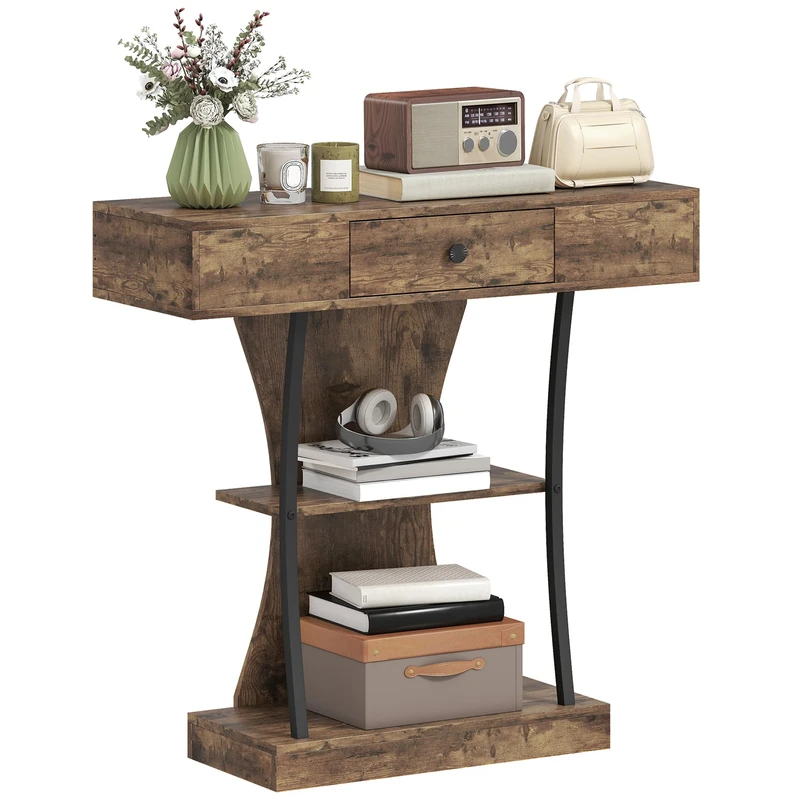 HOMCOM Console Table, 3-Tier Industrial Hallway Table with Drawer, Storage Shelves and Steel Frame, for Living Room, Entryway, Rustic Brown