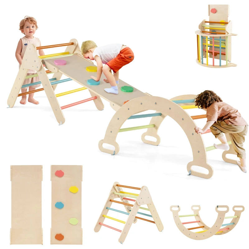 GYMAX 3 in 1 Kids Climbing Set, Wooden Toddler Climber with Reversible Ramp and Arch, Outdoor Indoor Climbing Frame for 1 Years Old + Boys Girls (Macaron Colour)