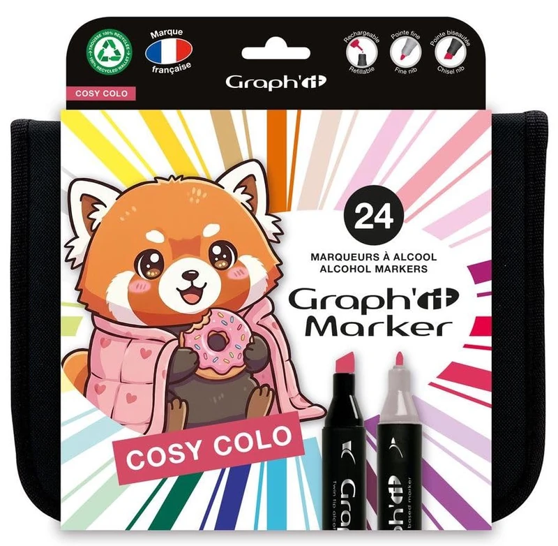 GRAPH'IT Set of 24 Alcohol Double Tip Markers – Cosy Colo Set – Fine and Chisel Tip – Illustration, Rough, Scrapbooking and Colouring – Complete Drawing Kit, Colours – Adults, Children