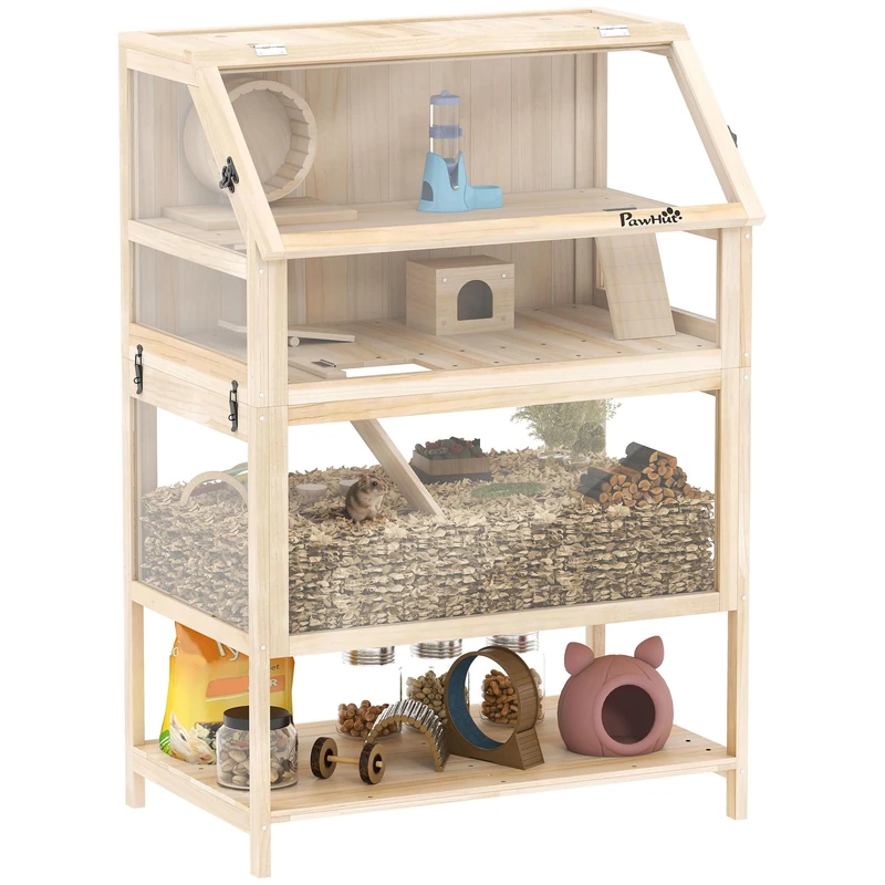 PawHut Wooden Hamster Cage, 3 Tier Small Animal Cage with Detachable Lower Floor, Storage Shelf, Hut, Seesaw, Exercise Wheel, Ramps, Hamster Habitat for Dwarf, Gerbil, 80L x 53W x 117H cm, Natural