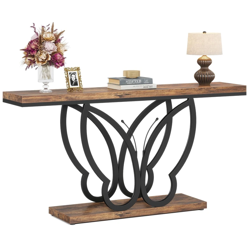 LITTLE TREE Console Table, Industrial Hallway Table for Entrance Table, 140 cm, Narrow Sofa Table, Side Table for Hallway, Living Room, Sturdy Metal Frame, Rustic Brown