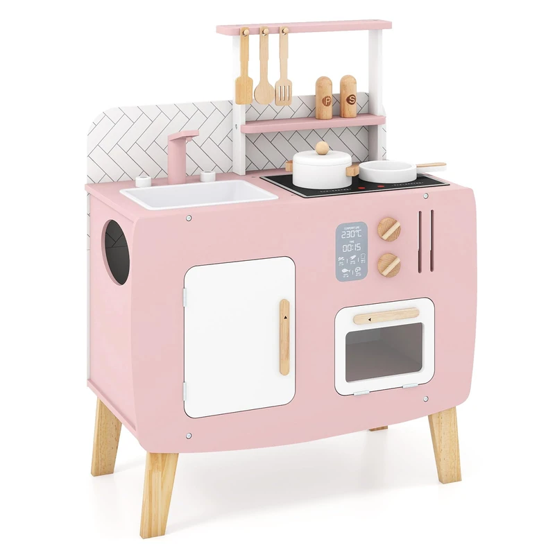 GYMAX Kids Toy Kitchen, Wooden Play Kitchen with Stoves, Oven, Sink and Cooking Accessories, Children Cooking Role Playset for 3+ Years Old Boys Girls