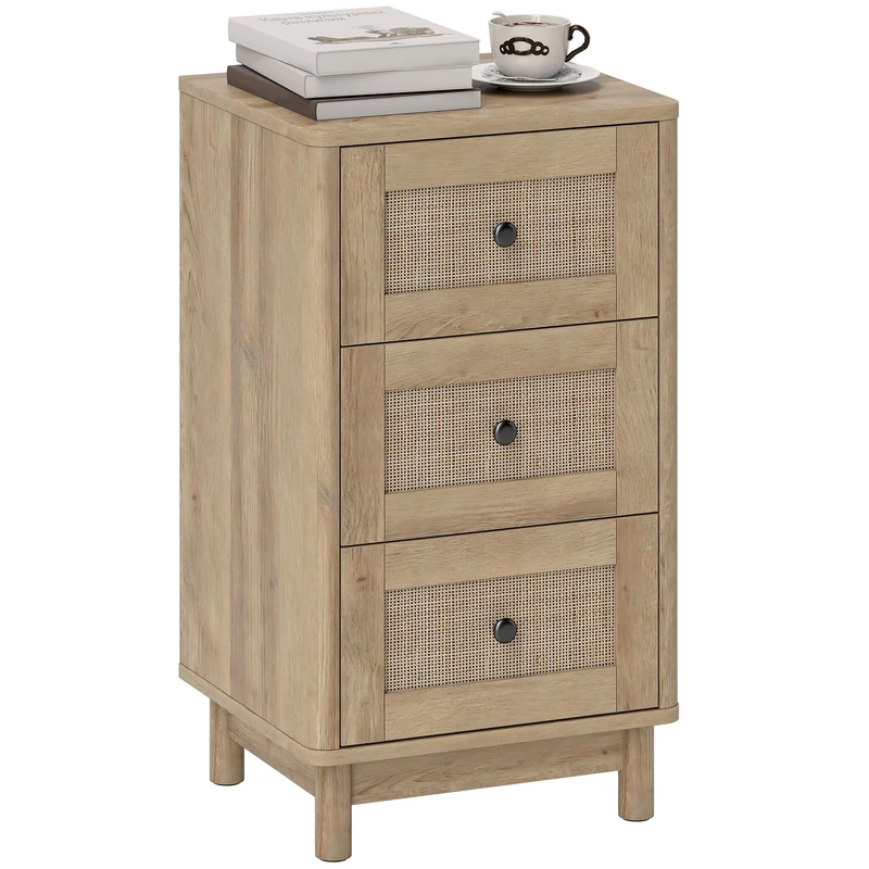 HOMCOM Bohemian Rattan Chest of Drawers, 3 Drawer Dresser with Pine Wood Legs, Storage Unit for Living Room, Hallway, Oak