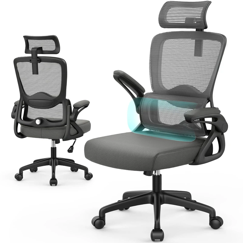 YONISEE Office Chair, Ergonomic Desk Chair -Dual Backrest Design with 2D Lumbar Support & Adjustable Headrest. Swivel Computer Chair with Flip-up Padded Armrest, Thickened Seat for Home/Work/Gaming