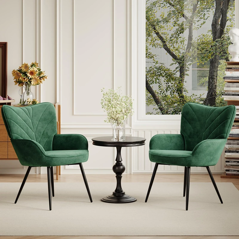 Upholstered Velvet Dining Chair with Armrests, Modern Nordic Dining Room Chair, Soft Padded Seat with Ergonomic Back, Black Metal Legs,Green - Image 1