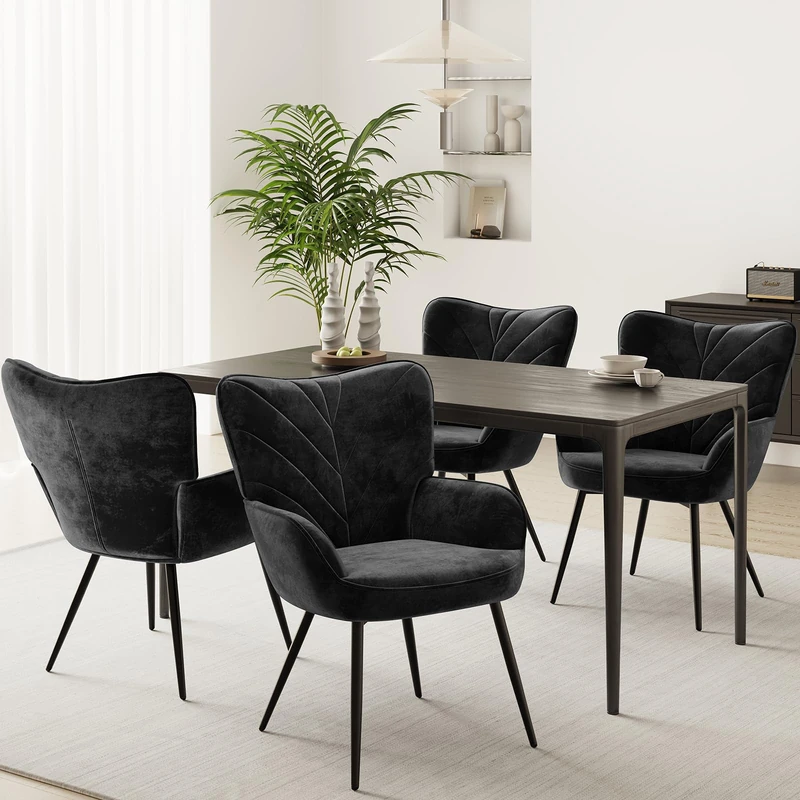 Upholstered Velvet Dining Chair with Armrests, Modern Nordic Dining Room Chair, Soft Padded Seat with Ergonomic Back, Black Metal Legs,Black