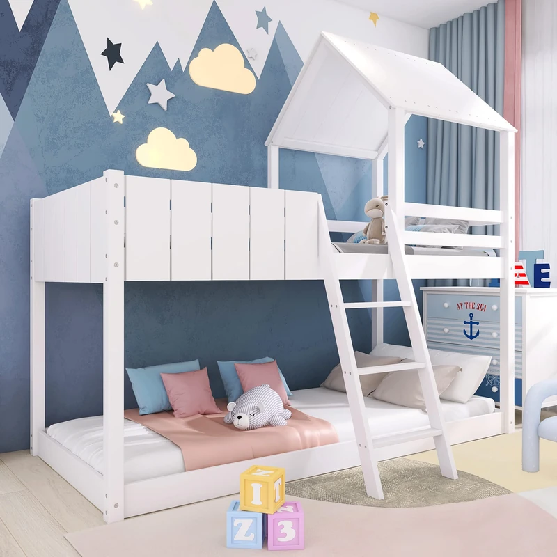 Ball & Cast Wooden Bunk Bed, Loft Bed with Ladder and Guard Rail, Mid-Sleeper Cabin Bed, 3 FT Single Treehouse Canopy, Shaped with Space-Saving Design for Children& Kids Home (White-90 * 190 cm)
