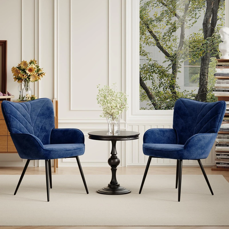 Upholstered Velvet Dining Chair with Armrests, Modern Nordic Dining Room Chair, Soft Padded Seat with Ergonomic Back, Black Metal Legs,Blue