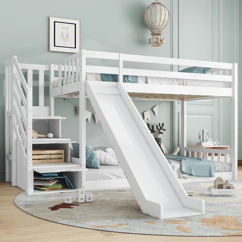 Ball & Cast Double Bunk Bed, Children's Bed, with Storage Stair, Slide, Fall Protection and Railings, for Family with Multiple Children, Solid Pine Wood Frame, White (2 * 90x190cm)