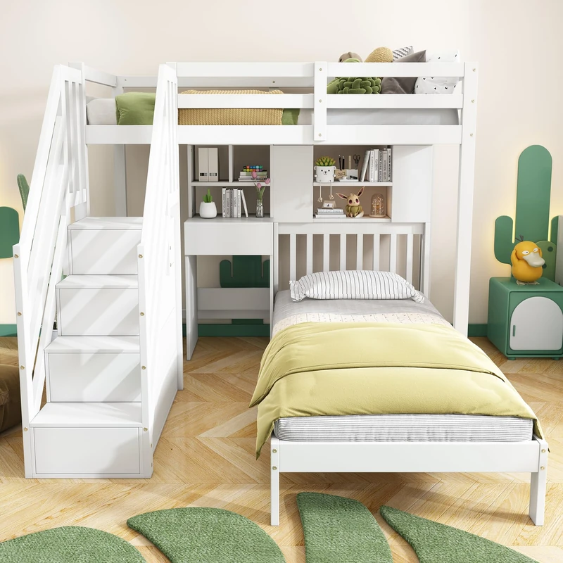 Ball & Cast Kids 3FT Loft Bed Frame Children's High Sleeper Double Bed with Desk multifunctional Bed with Storage, Shelves & Stairs, Solid Pine Wood Frame, for Children Girls and Boys, White,90x190cm