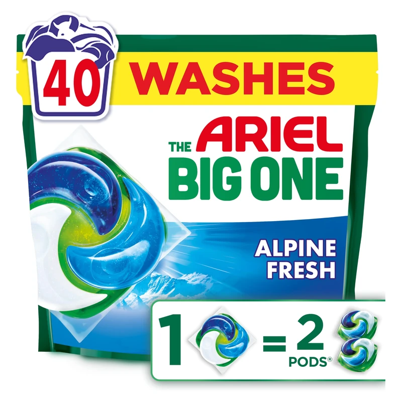 Ariel The Big One PODS®, Washing Liquid Laundry Detergent Capsules, 2 x 40 Washes, Alpine Fresh, 2X Stain & Odour Removal, Fast Dissolving Even in Cold