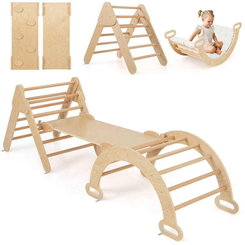 GYMAX 3 in 1 Kids Climbing Set, Wooden Toddler Climber with Reversible Ramp and Arch, Outdoor Indoor Climbing Frame for 1 Years Old + Boys Girls (Natural with Mat)