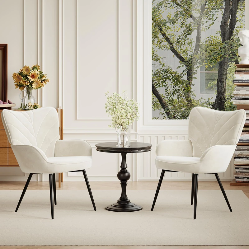 Upholstered Velvet Dining Chair with Armrests, Modern Nordic Dining Room Chair, Soft Padded Seat with Ergonomic Back, Black Metal Legs,White