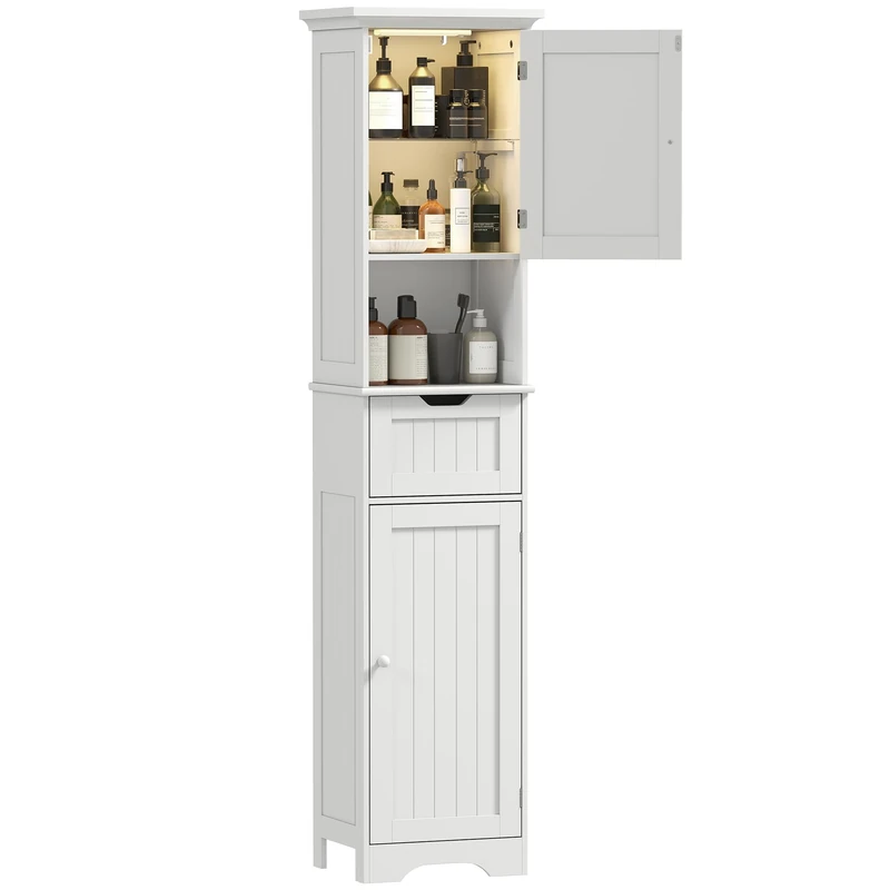 HOMCOM Tall Bathroom Cabinet, Freestanding Slim Bathroom Storage Cabinet with LED Light, Adjustable Shelf, Open Compartment and Drawer, Modern Narrow Storage Cupboard, 40 x 30 x 170 cm, White
